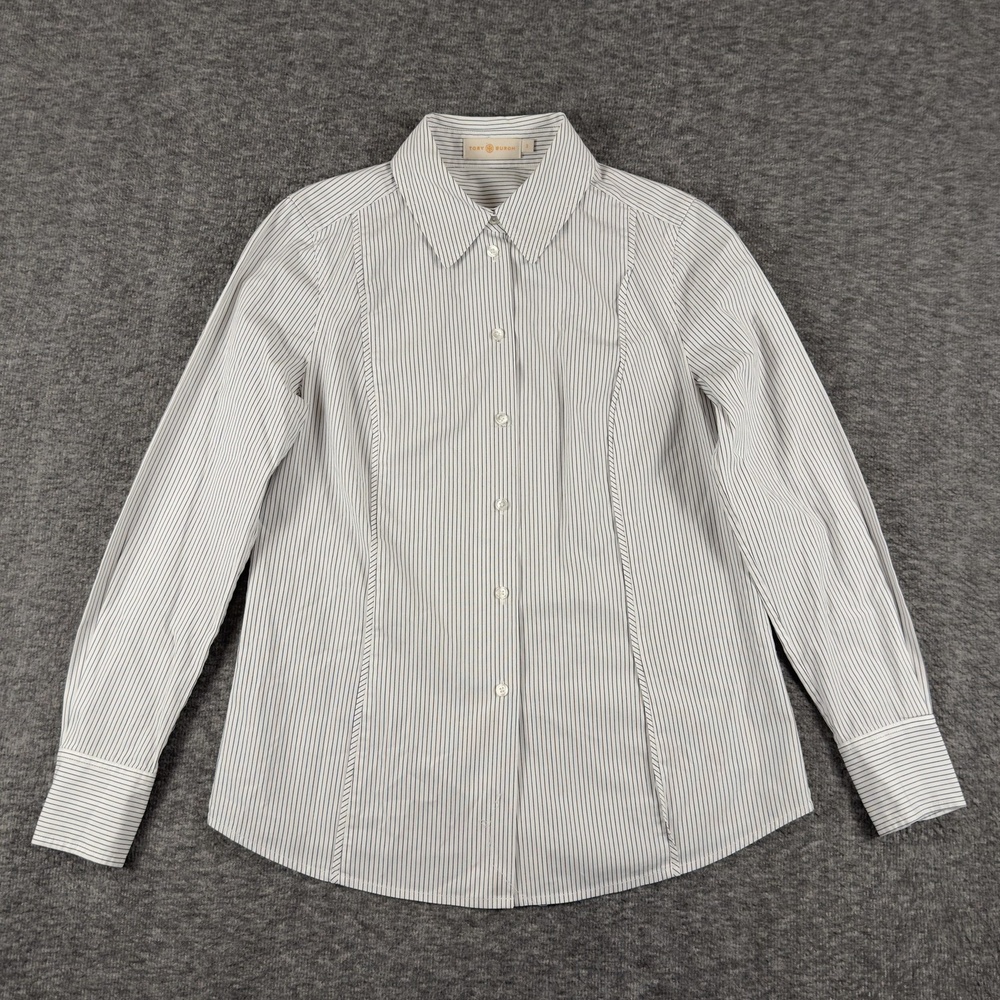 Tory Burch Shirt Womens 2 White Stripe Long Sleeve Button Front Slim Fit Top